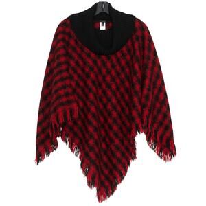 Talbots Womens Sweater Poncho Fringe Cowl Neck Buffalo Plaid Red Black Large GH